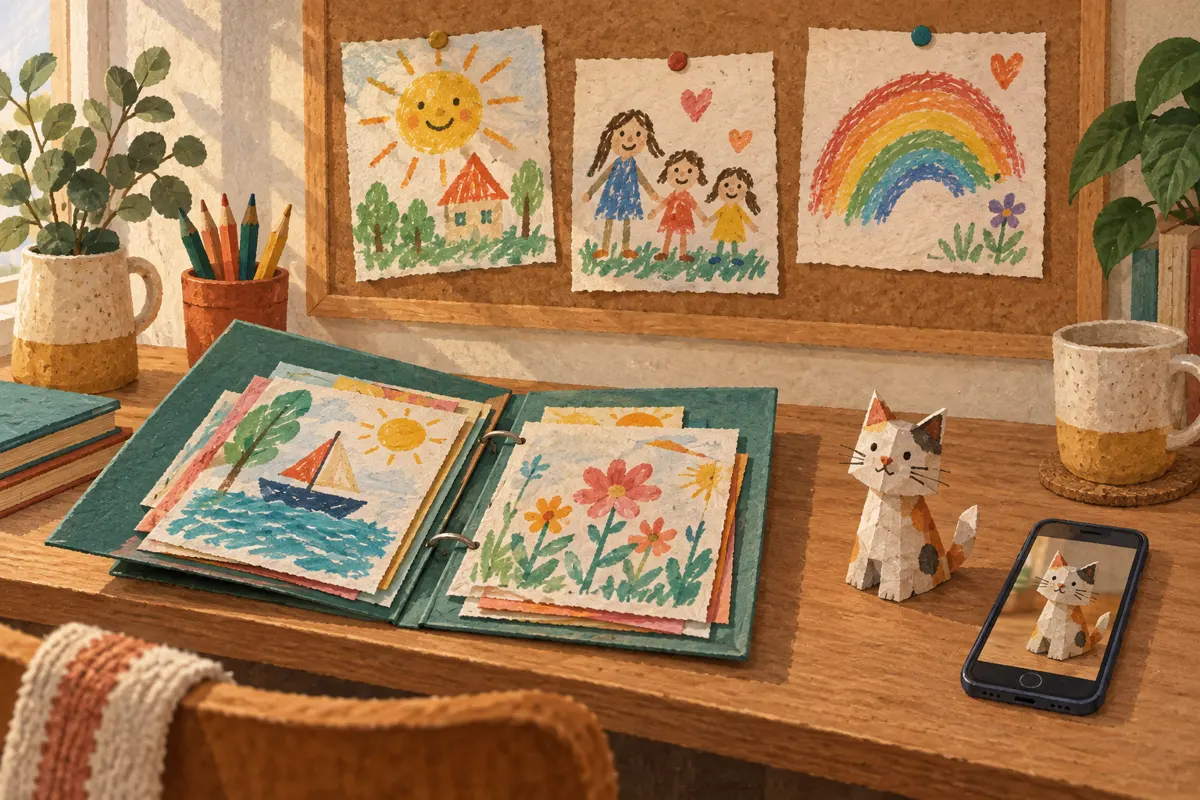 Ilustracja teczki z dziecięcymi rysunkami, małej domowej wystawy i fotografowania papierowej figurki.
