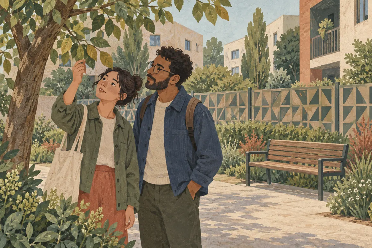 Ilustracja osób obserwujących detale otoczenia podczas spaceru z zadaniami.