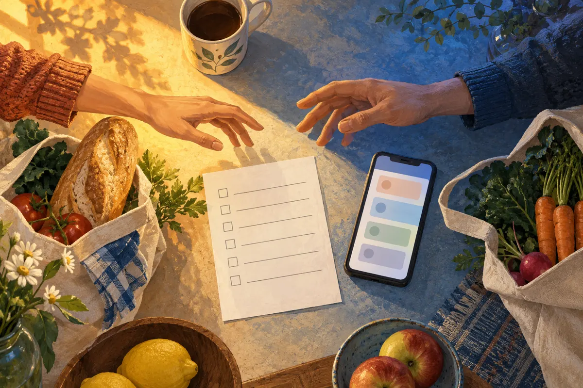 Ilustracja wspólnej listy zakupów na kuchennym blacie, telefonu i dwóch domowników rozpakowujących produkty.